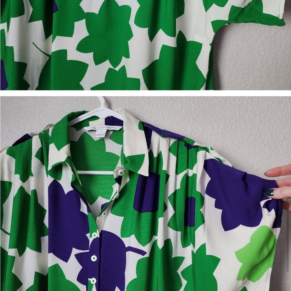 DVF Karin Silk Dress Mod Green Purple printed belted shift dress Size 2
